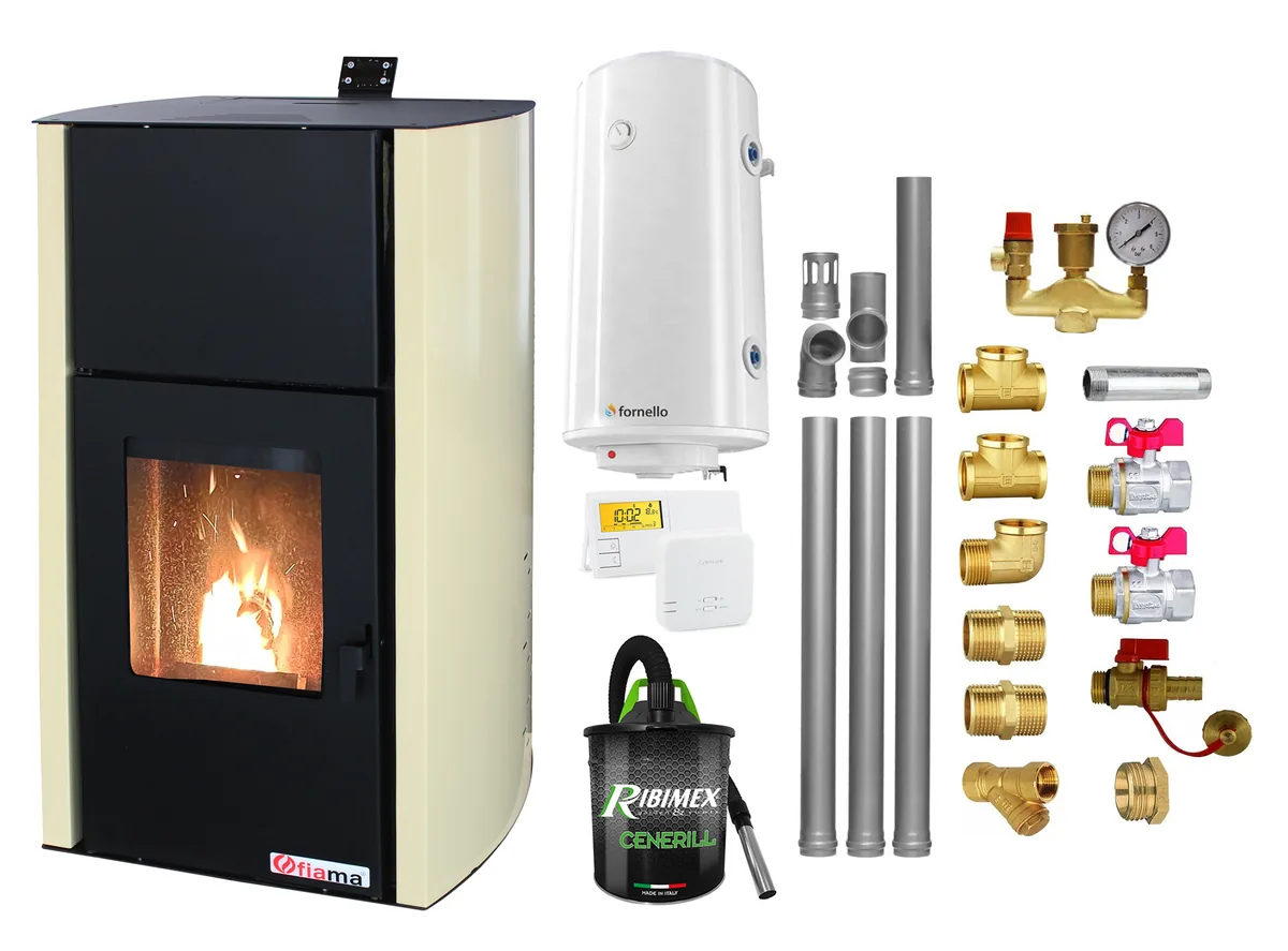 Pachet Termosemineu pe Peleti Fornello Fiama Confort 25kW cu Boiler 100L Termostat Salus Aspirator Kit Evacuare 3.5m si Fitinguri Montaj