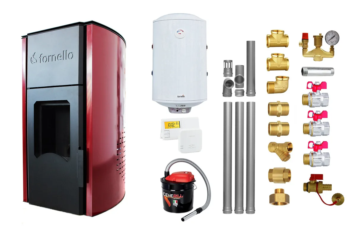 Pachet Termosemineu Peleti Fornello Royal Bordeaux 25kW Cu Boiler Termoelectric 100l Termostat Salus Aspirator Cenusa Kit Montaj