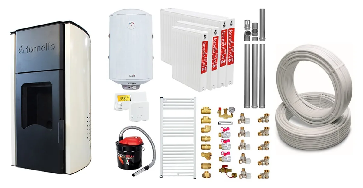 Pachet Termosemineu Peleti Fornello Royal Ivory 25kW cu Boiler 100L si Kit Montaj