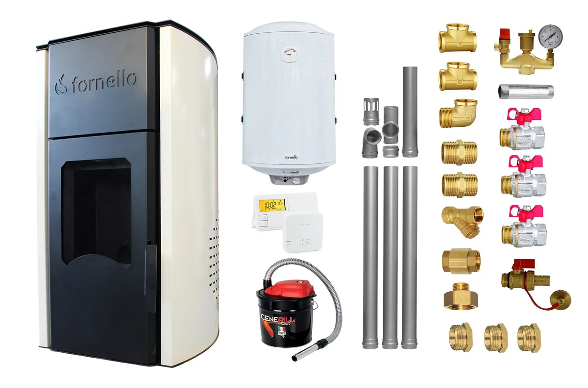 Pachet Termosemineu peleti Fornello Royal Ivory 30kw Boiler Termoelectric 100l Termostat Salus Aspirator Cenusa Kit Montaj