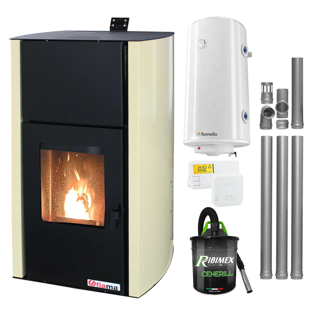 Pachet Termosemineu si Accesorii Fornello Fiama Confort 25 kw Boiler 100 Litri Termostat Salus 091FLRFV2 Aspirator Cenusa Kit Evacuare
