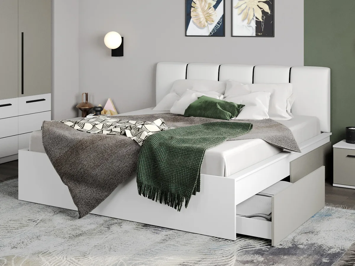 Pat Mobila Laguna Alb Casmir Tapitat 180x200 2 Sertare