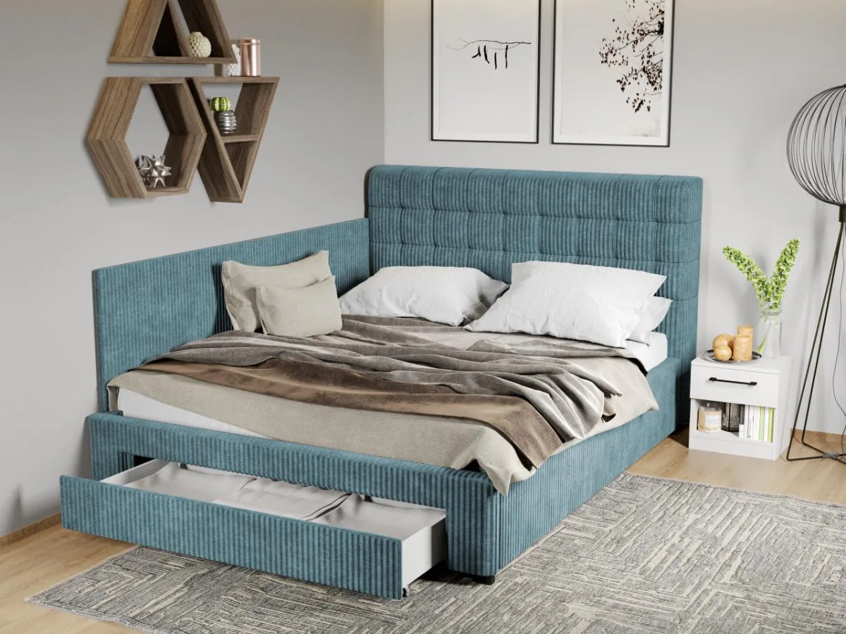 Pat Tapitat Colt Mobila Laguna Rivo 160x200 Albastru Deschis Cu Somiera Sertar