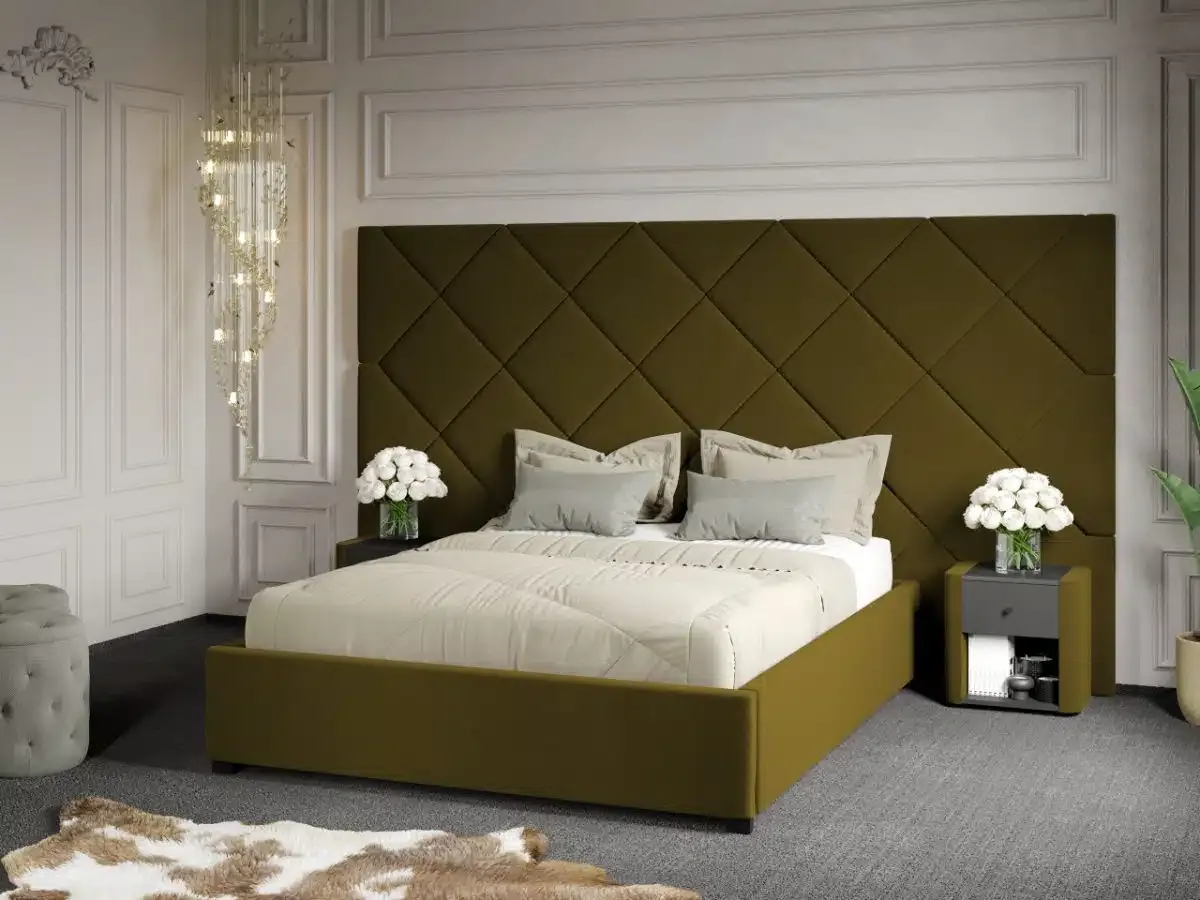 Pat Tapitat Cu Panou Mobila Laguna C4 Dubai 180x200 Somiera Fixa Verde Velluto 35