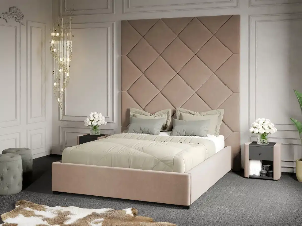 Pat Tapitat cu Panou Mobila Laguna Dubai Velluto 3 Bej 180x200 cu Somiera Fixa