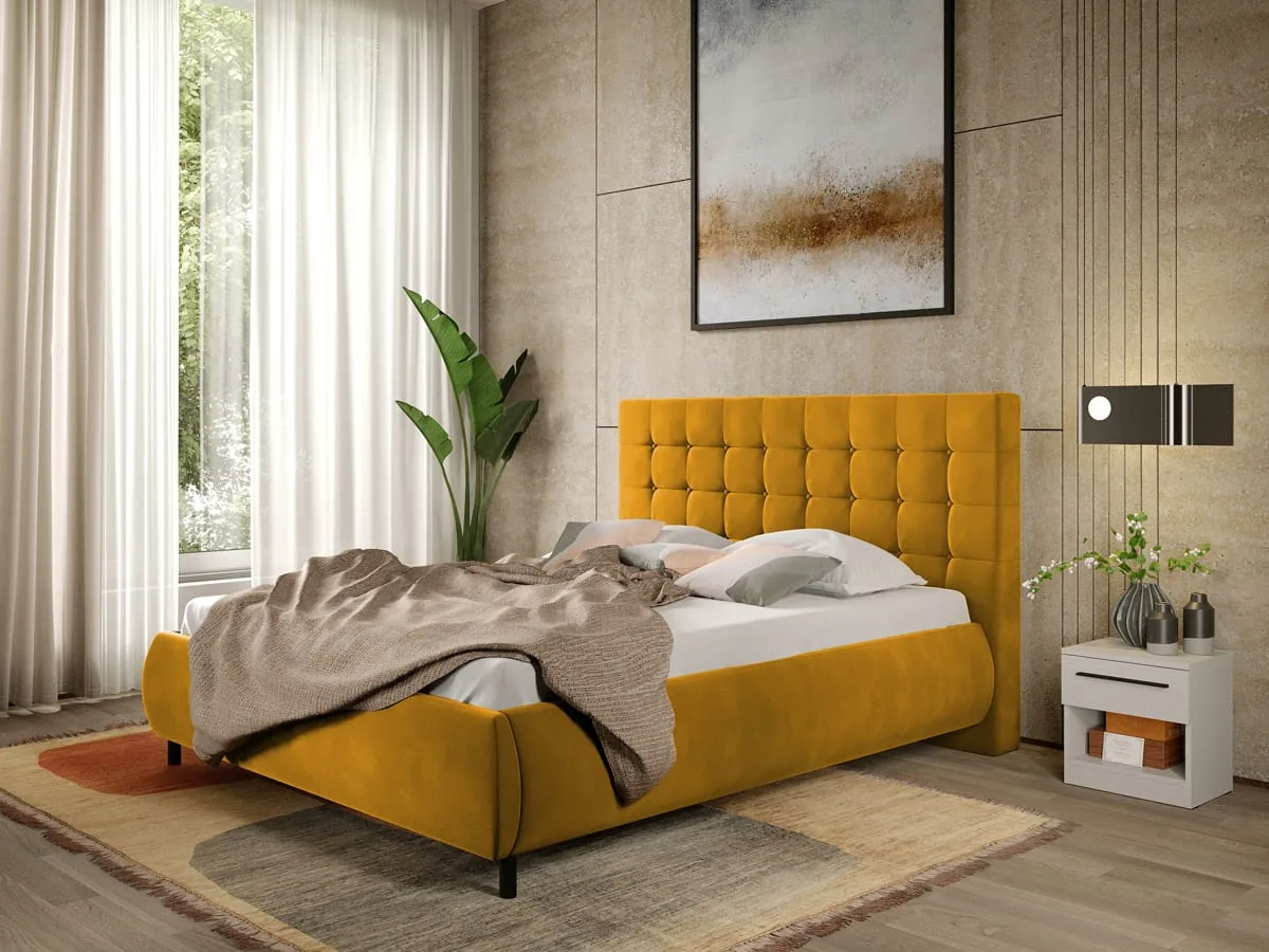 Pat Tapitat cu Somiera Fixa Mobidea Velvet Aurie 180x200