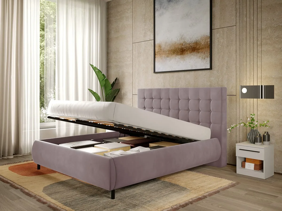 Pat Tapitat cu Somiera Rabatabila Mobidea Velvet Roz 160x200