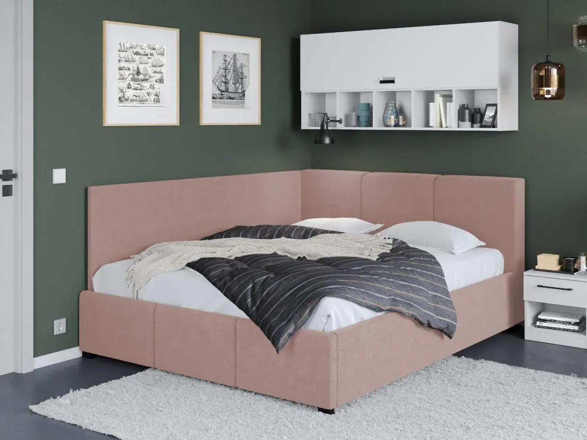 Pat Tapitat de Colt Mobila Laguna Avelis Swing 14 160x200 Roz cu Somiera Fixa