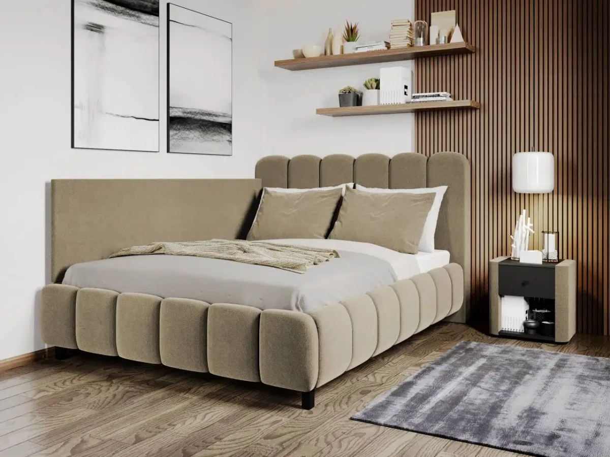 Pat Tapitat de Colt Mobila Laguna Bari 120x200 Velluto 3 Bej cu Somiera Fixa