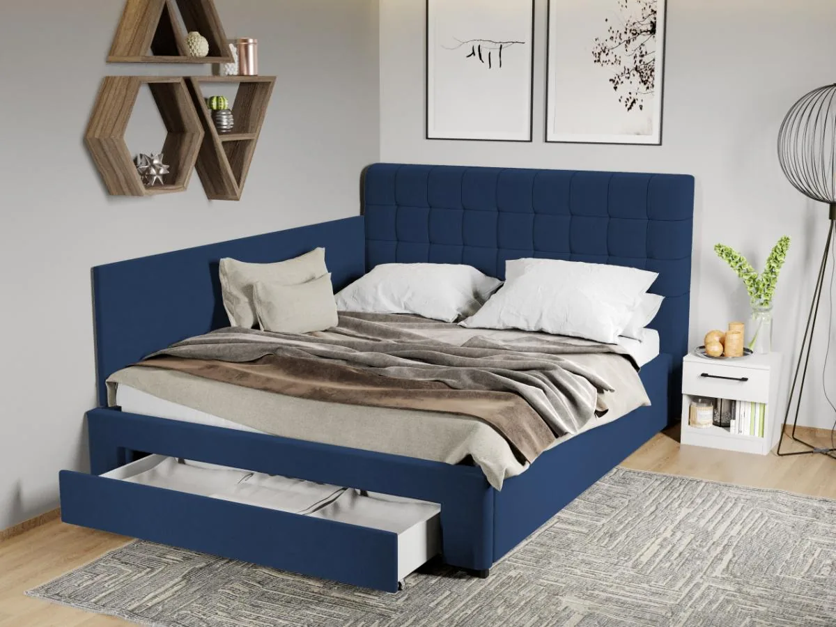 Pat Tapitat de Colt Mobila Laguna Rivo 160x200 Cu Somiera Albastru Inchis Velluto 25