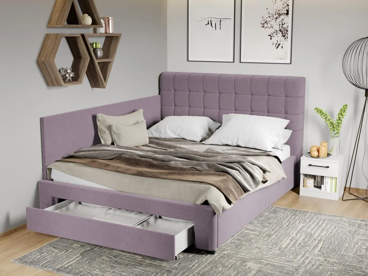 Pat Tapitat de Colt Mobila Laguna Rivo 160x200 Mov Deschis Jasmine 62 cu Sertar