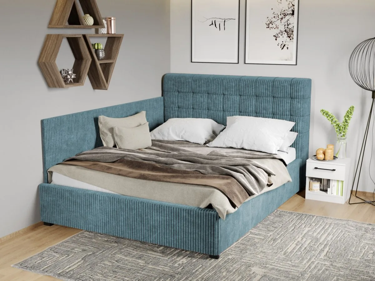 Pat Tapitat de Colt Mobila Laguna Rivo 160x200 Somiera Fixa Albastru Deschis
