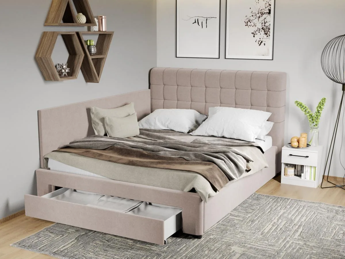 Pat Tapitat de Colt Mobila Laguna Rivo Swing 2 160x200 Cu Somiera Si Sertar Bej