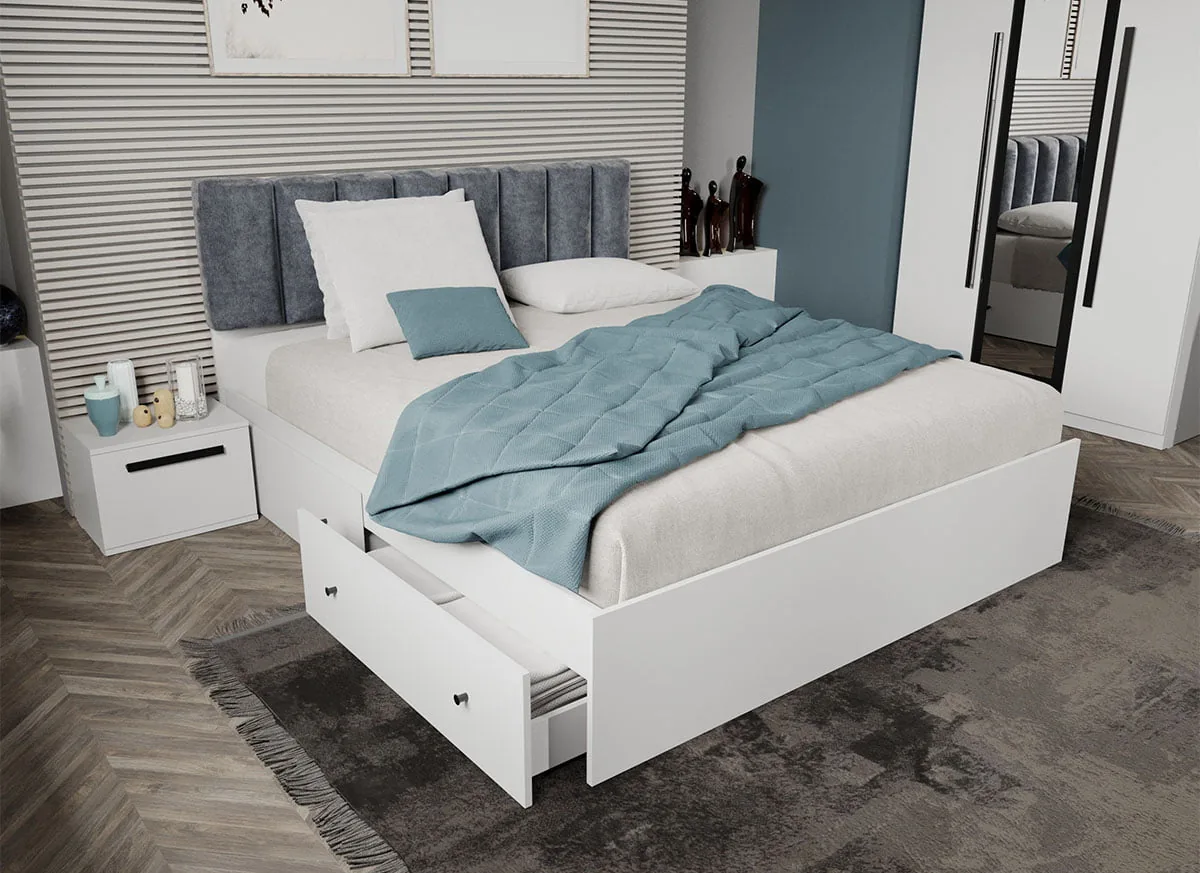 Pat Tapitat Mobidea 140x200 Alb Gri Deschis 2 Sertare
