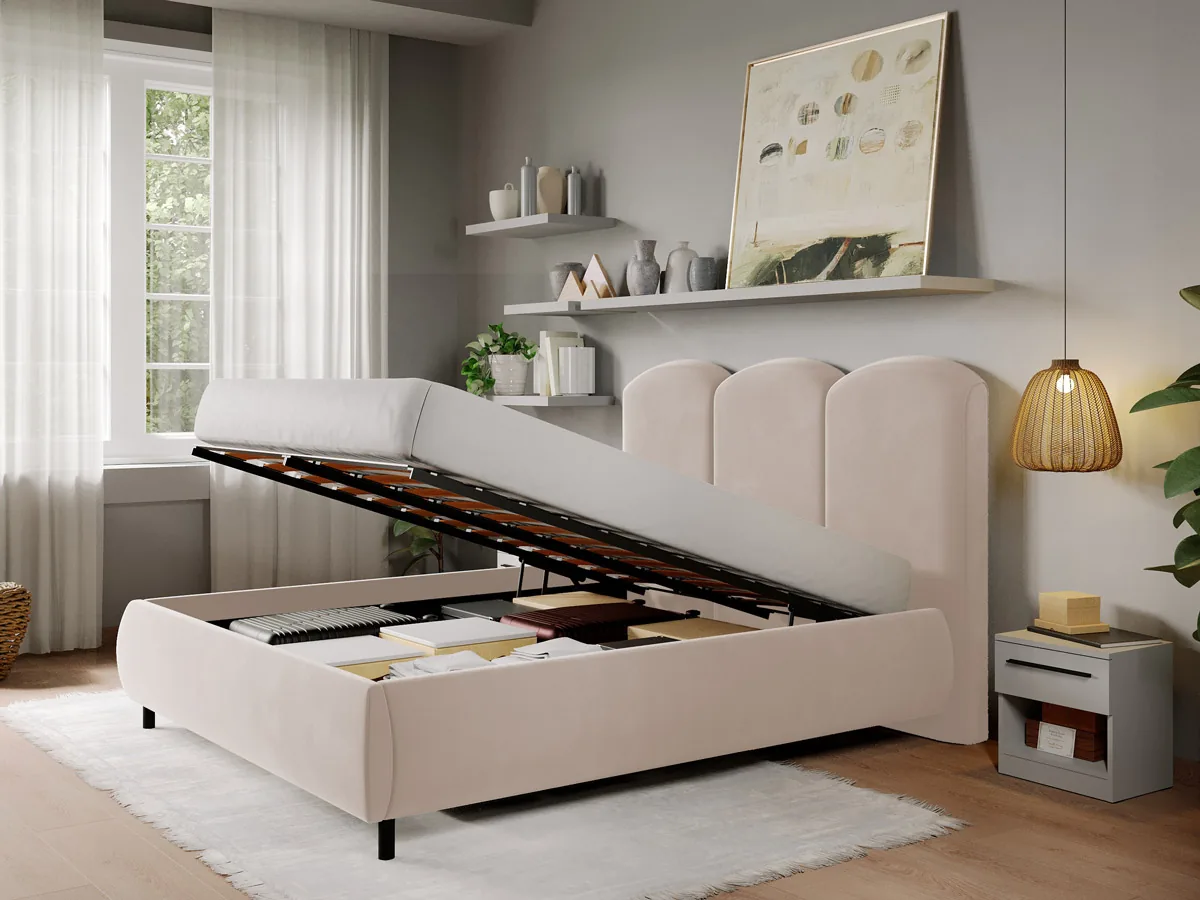 Pat Tapitat Mobidea Nero Cu Somiera Rabatabila Catifea Bej 140x200