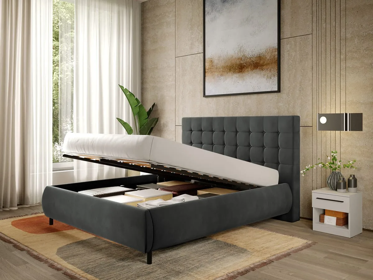 Pat Tapitat Mobidea Velvet cu Somiera Rabatabila Gri Inchis 160x200