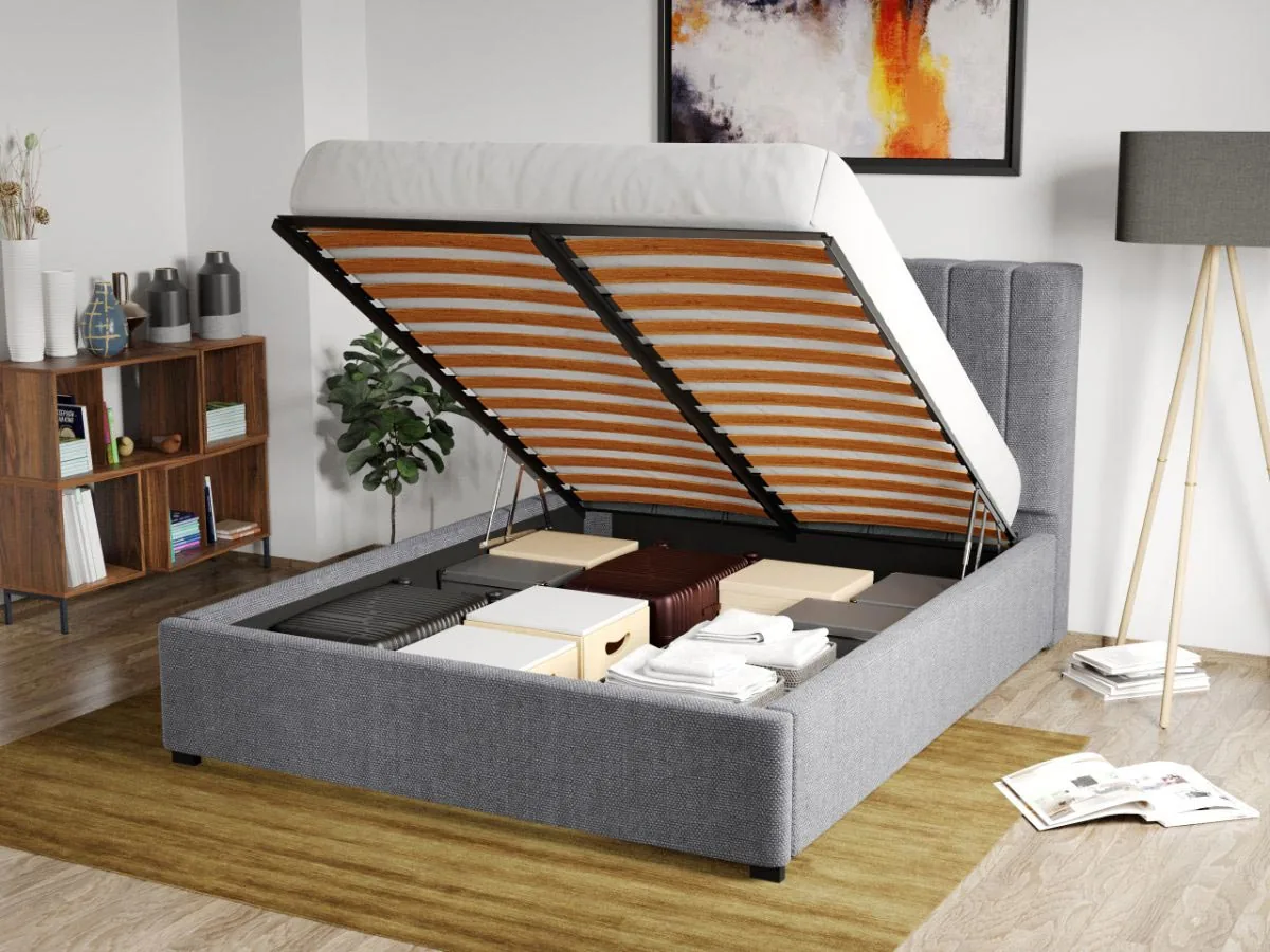 Pat Tapitat Mobila Laguna Adam 160x200 Gri Eden 18 cu Somiera Rabatabila si Lada