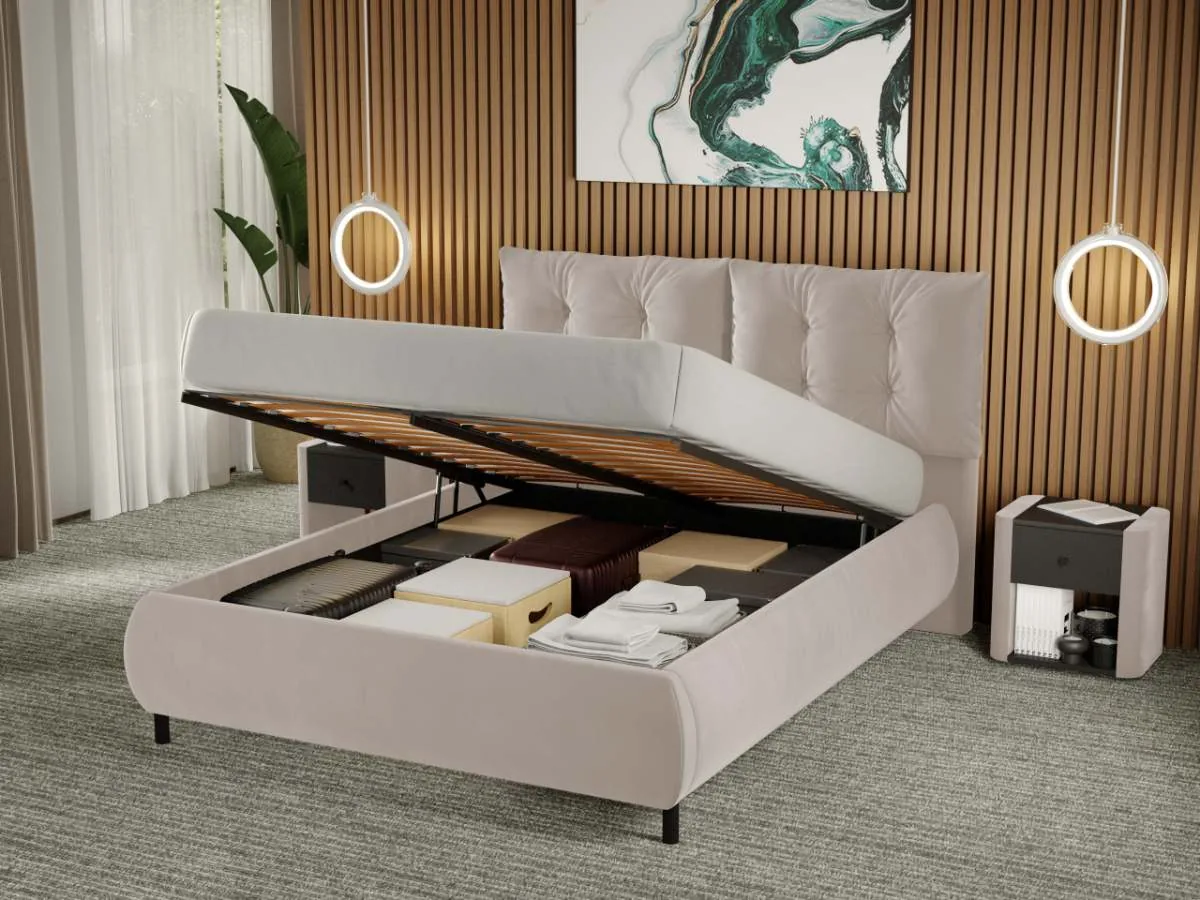Pat Tapitat Mobila Laguna Anubis 160x200 Velluto 2 Crem Rabatabil Cu Perne