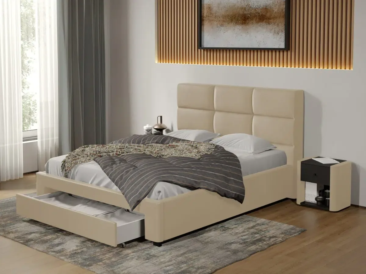 Pat Tapitat Mobila Laguna Cico cu Sertar 170x114 Piele/Stofa Crem Nube 4