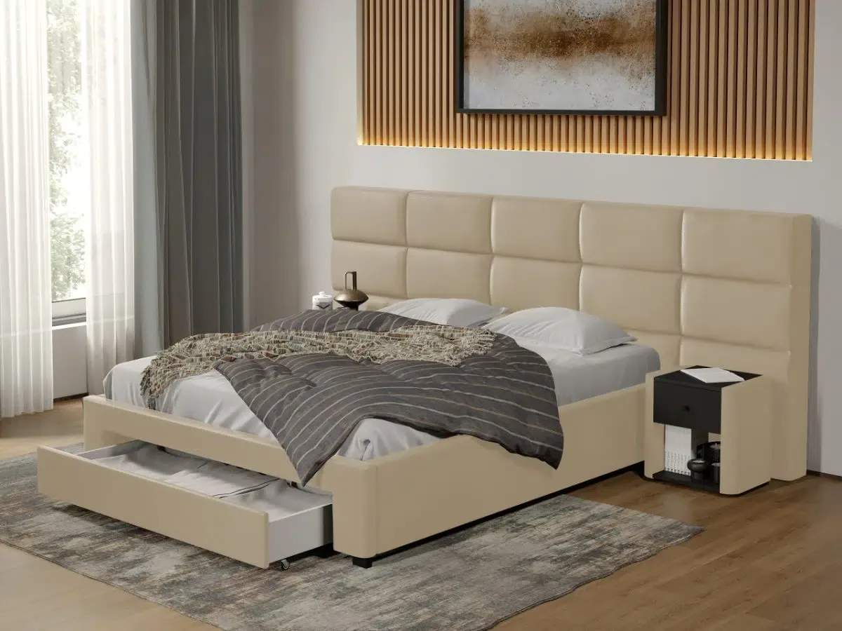Pat Tapitat Mobila Laguna Cico cu Sertar 287x114 Crem Nube 4 Piele/Stofa