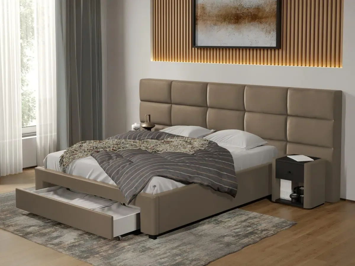 Pat Tapitat Mobila Laguna Cico Cu Sertar 287x114cm Piele/Stofa Bej Nube 11