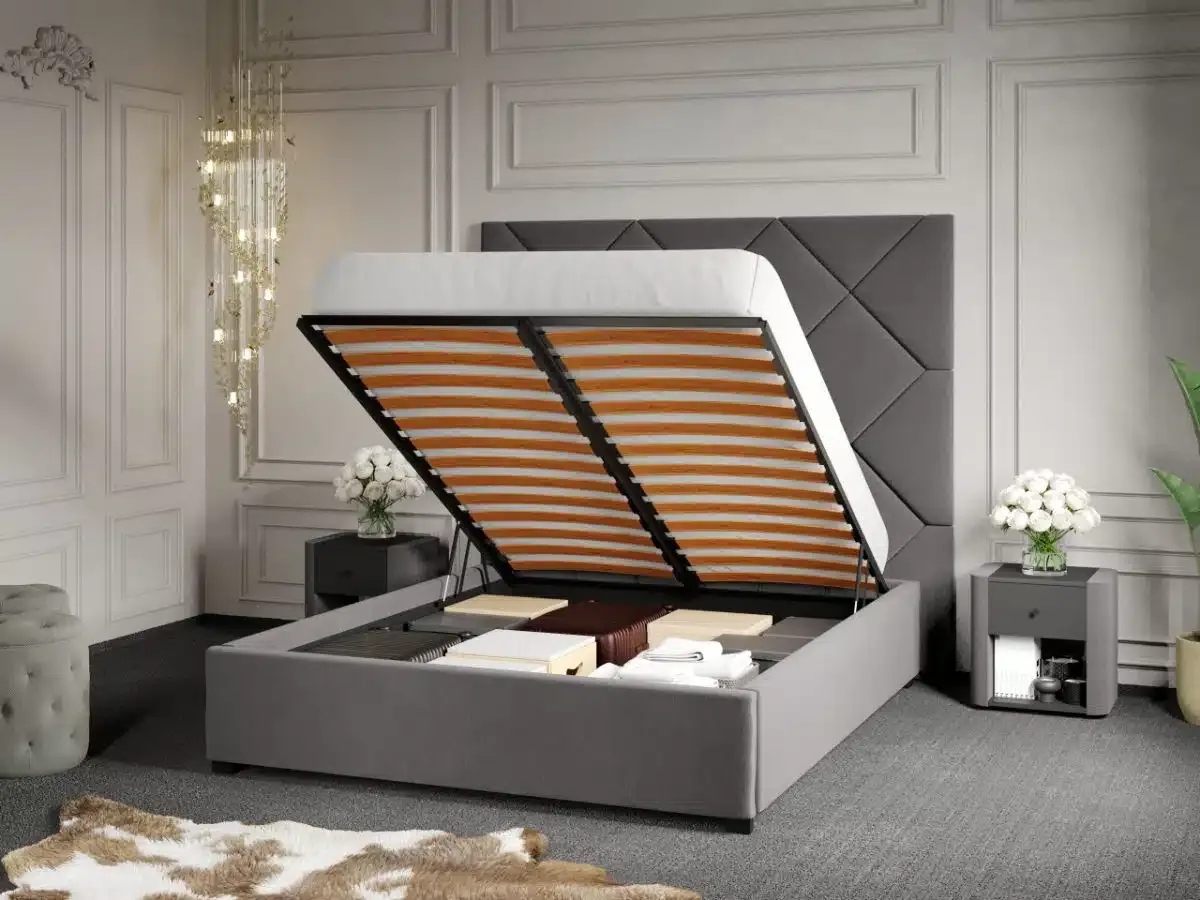 Pat Tapitat Mobila Laguna Dubai 140x200 Gri Velluto 16 cu Panou Somiera si Lada
