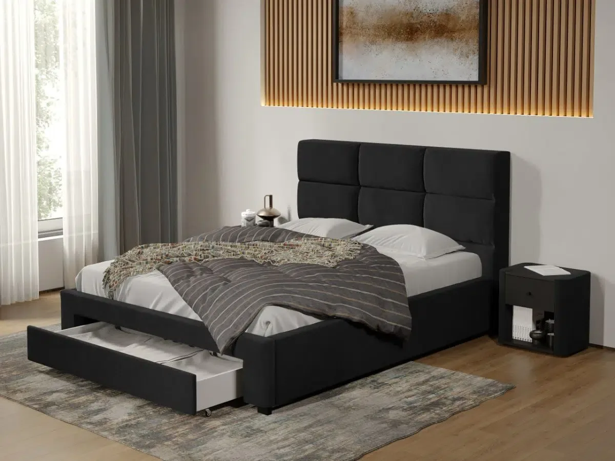 Pat Tapitat Mobila Laguna Falcone 14 170x114 Cu Sertar Piele/Stofa Negru
