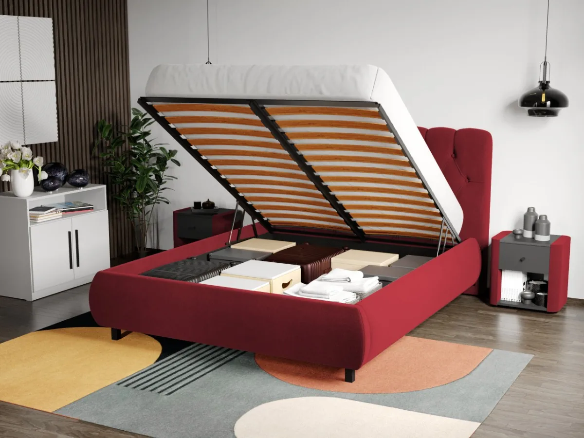 Pat Tapitat Mobila Laguna Mega Catifea Velluto 7 Rosu Inchis 160x200 Somiera Rabatabila Lada