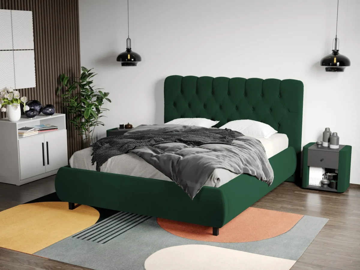 Pat Tapitat Mobila Laguna Velluto 27 Catifea 140x200 Cu Somiera Fixa Verde Inchis