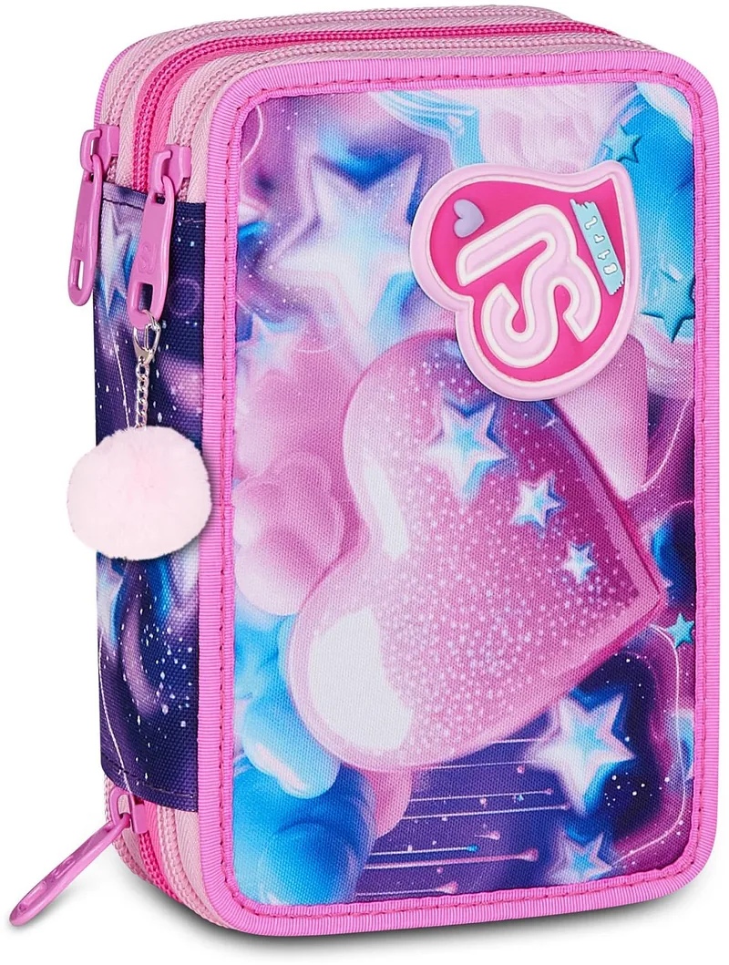 Penar cu Rechizite Seven Sj Gang Fluffy Pink 3 Fermoare