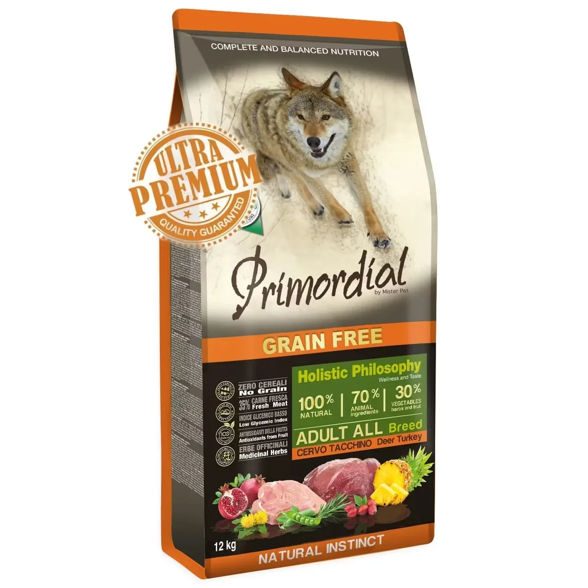 Hrana Uscata Caini Adulti Primordial Grain-Free Holistic Caprioara si Curcan 12kg