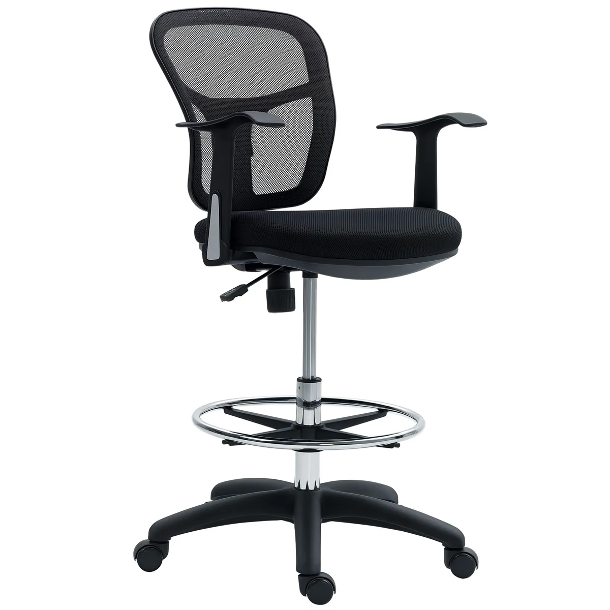 Scaun de Birou HOMCOM Rotativ Inel Picioare Spătar Curbat 55x58x94cm Negru