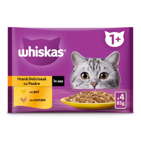 Hrana Umeda pentru Pisici Adulte Whiskas Carne de Pasare in Sos 4x85g