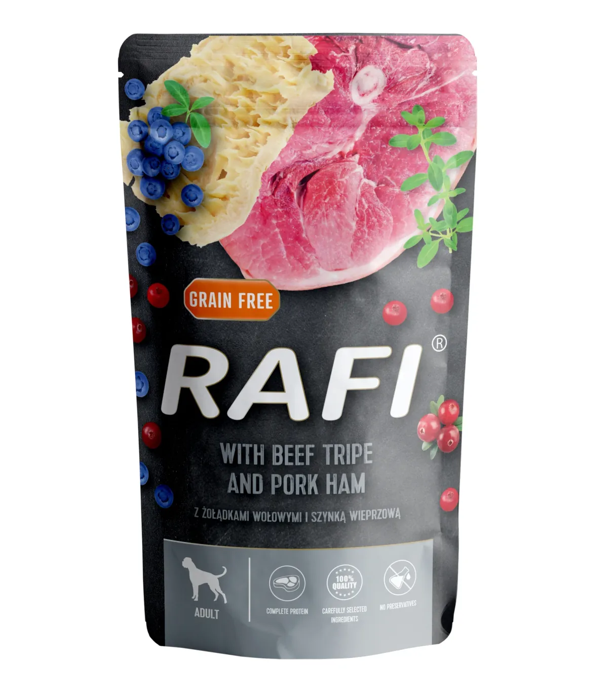 Hrana Umeda pentru Caini Rafi Dog 500g Sunca de Porc si Burta de Vita