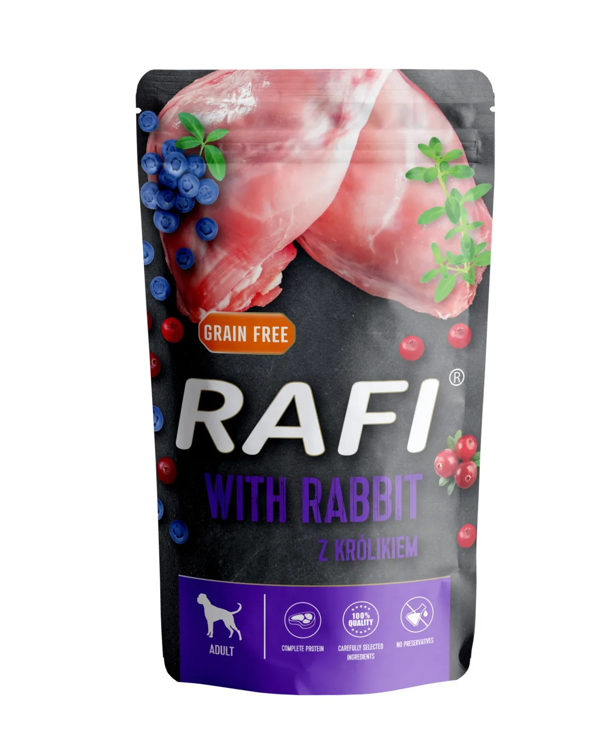 Hrana Umeda Pentru Caini Rafi Dog Iepure si Afine 500g