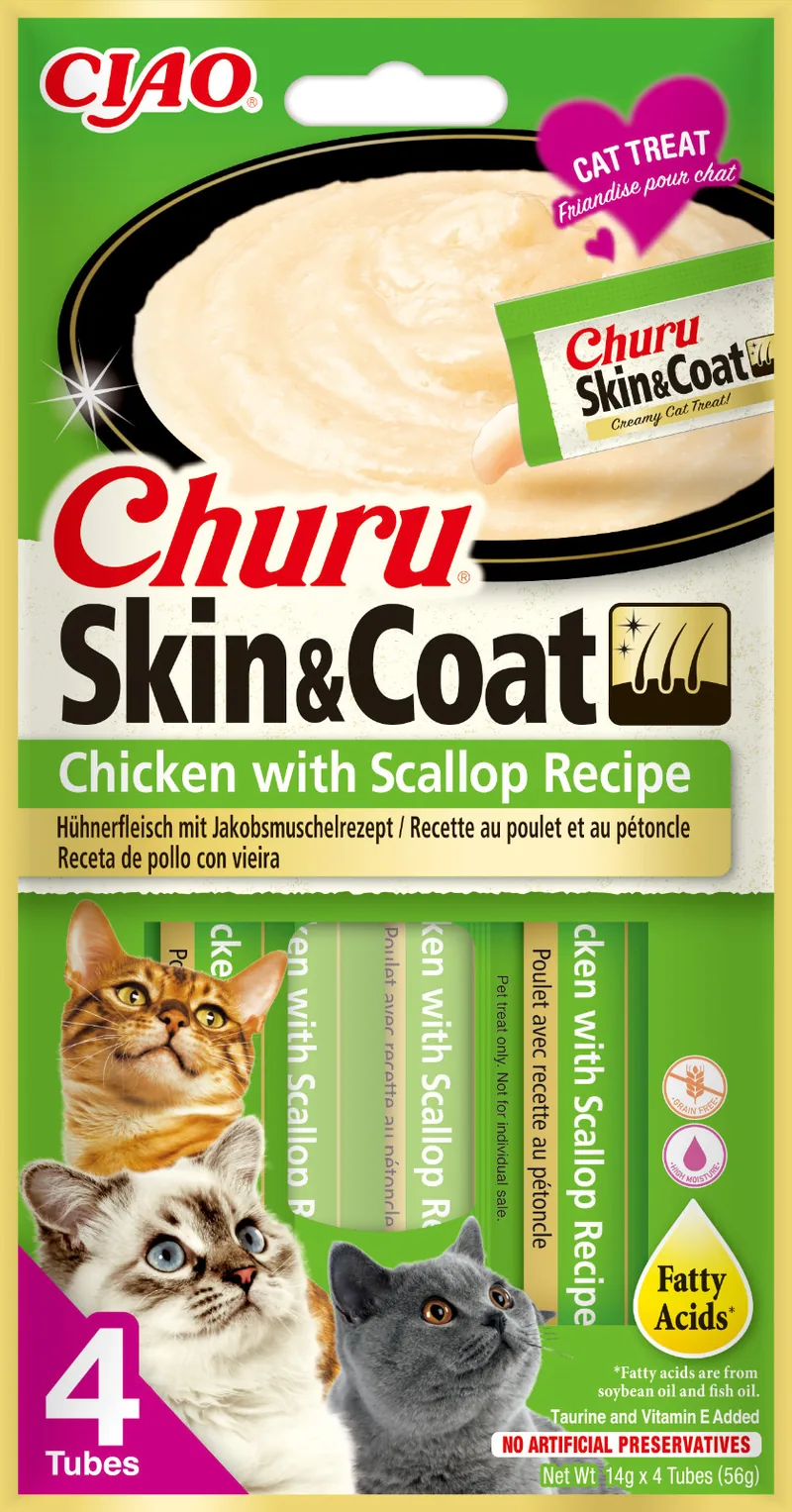 Recompensa pentru Pisici Inaba Churu SkinCoat Pui si Scoici 56g