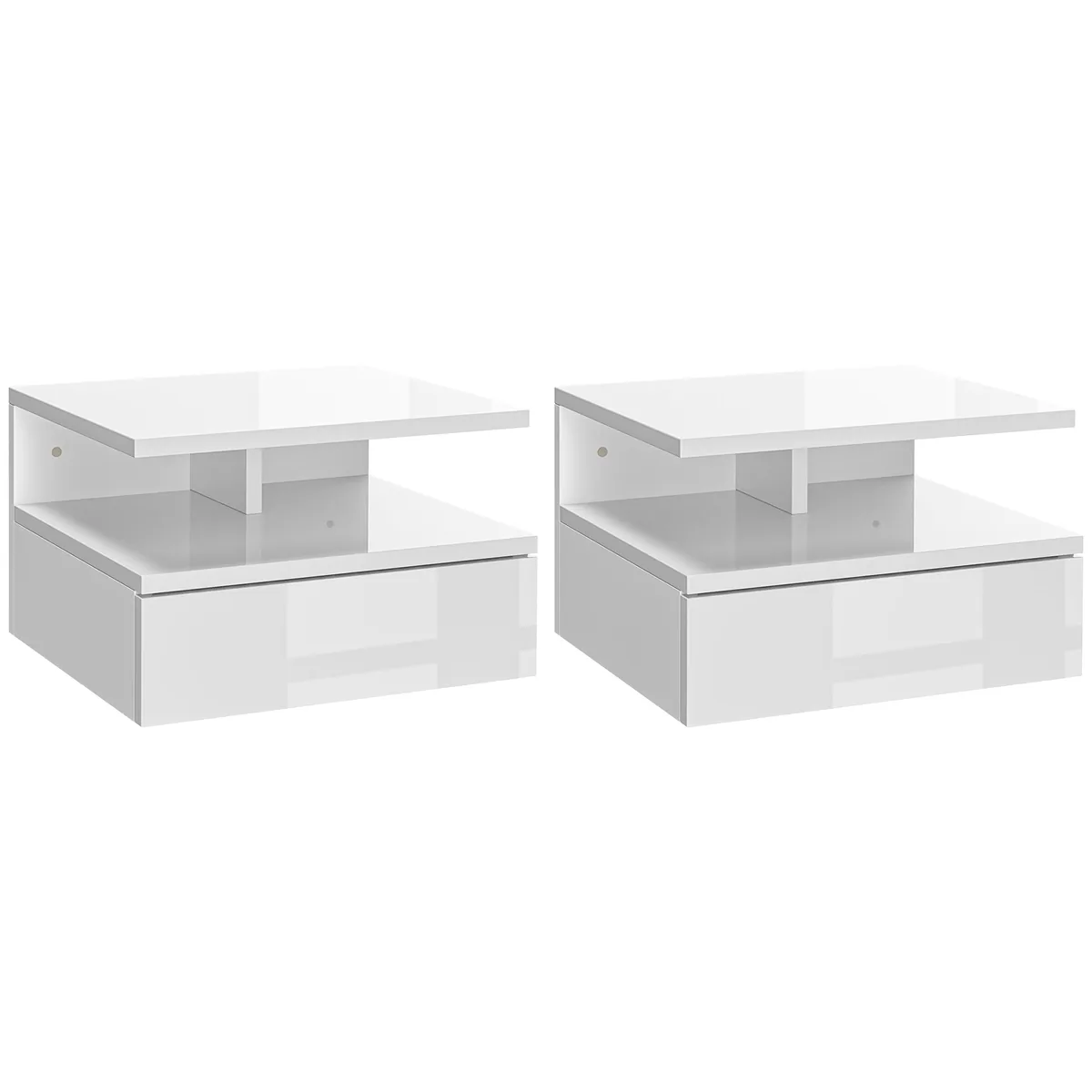 Set de 2 Noptiere HOMCOM Suspendate cu Raft Superior Lemn Alb Lucios 35x32x22.5cm