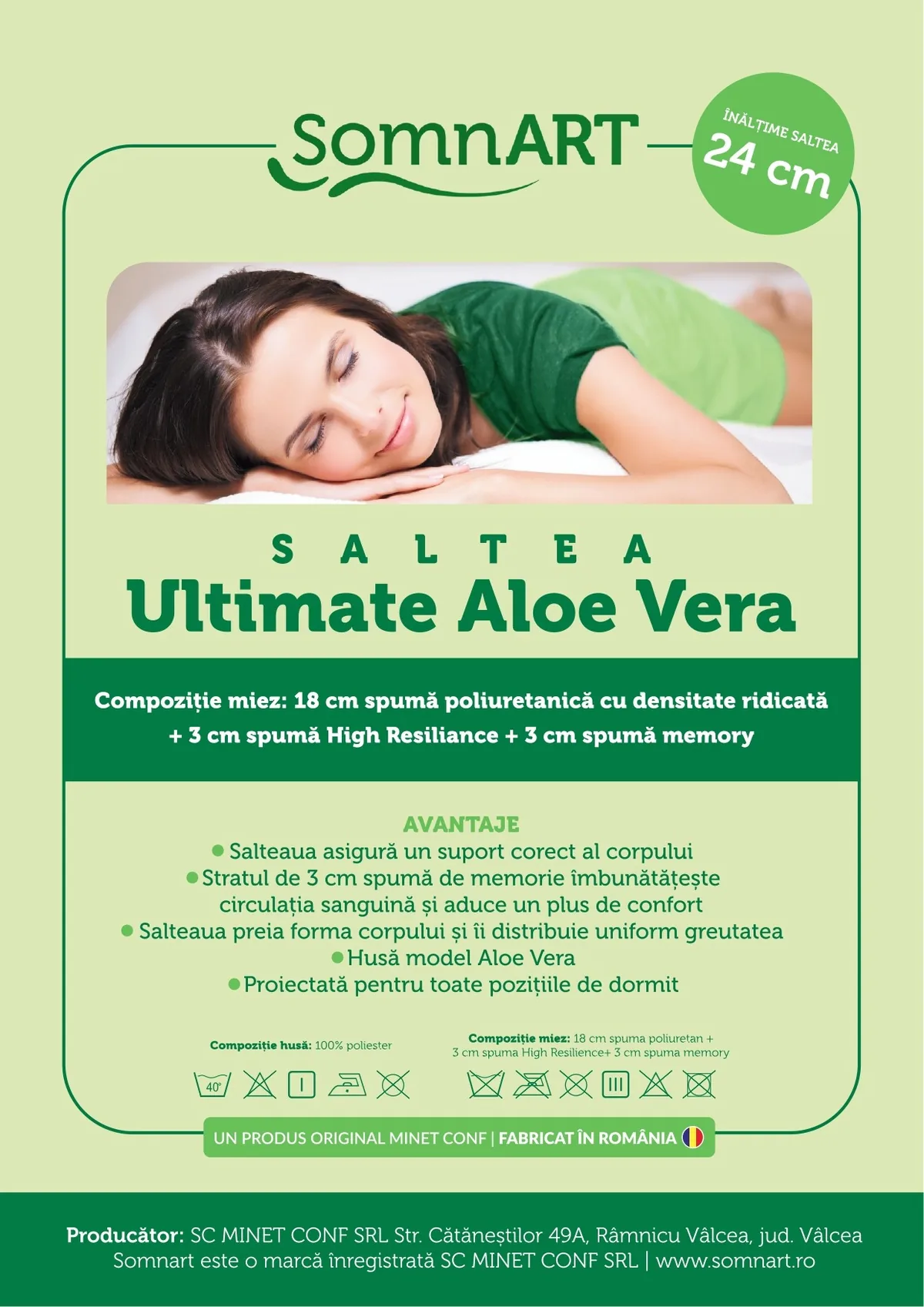 Saltea cu Memorie Somnart Memory Ultimate 200x200 24cm Aloe Vera Fermitate Mare - imagine 6
