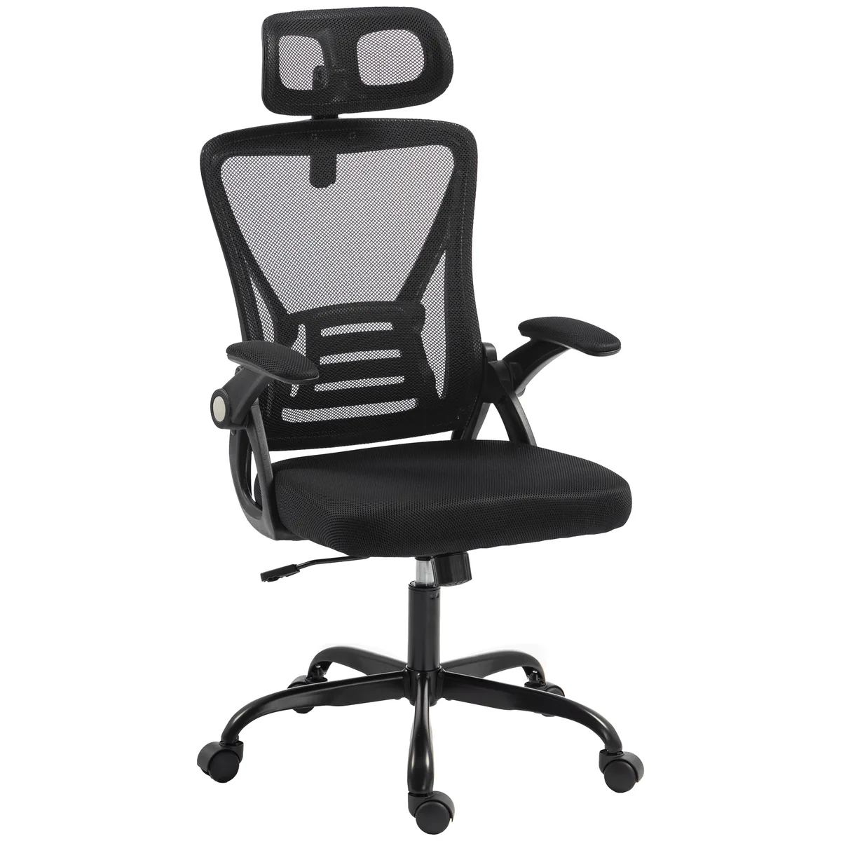 Scaun de Birou Ergonomic Homcom cu Brat Rabatabil Tetiera si Inaltime Reglabila Plasa Respirabila Negru