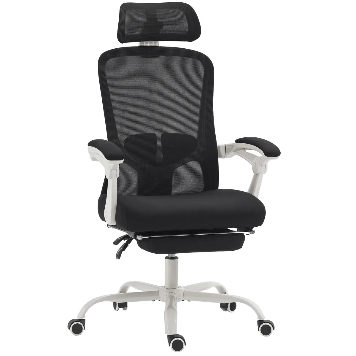 Scaun de Birou HOMCOM Rabatabil 135° Suport Picioare Lombar Tetiera Plasa Negru