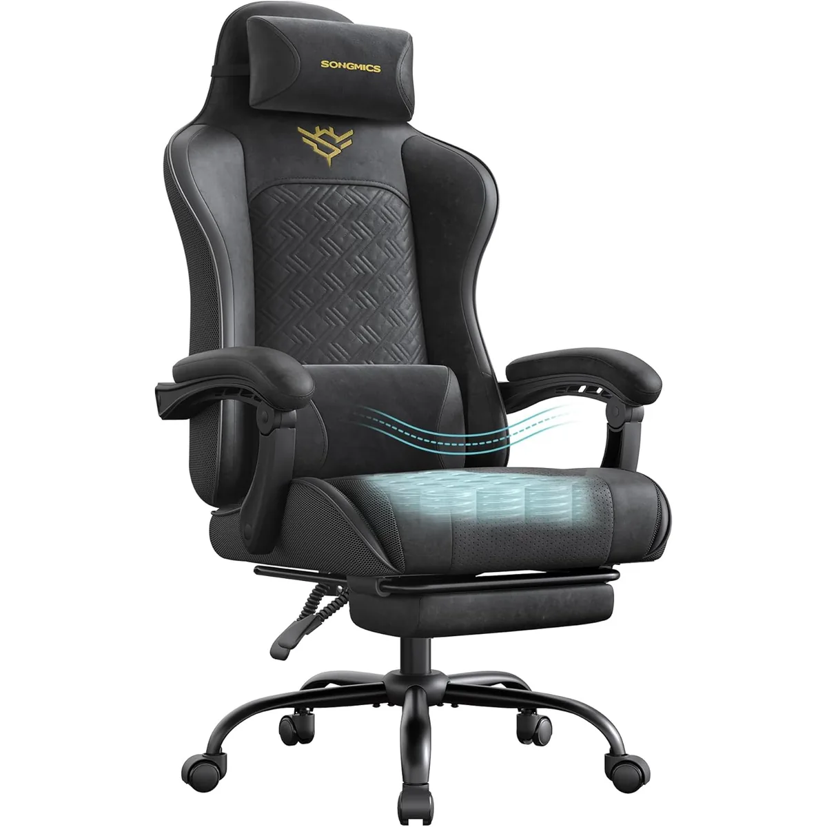 Scaun Gaming Brius Reglabil cu Suport Picioare Perna Lombara si Tetiera Negru