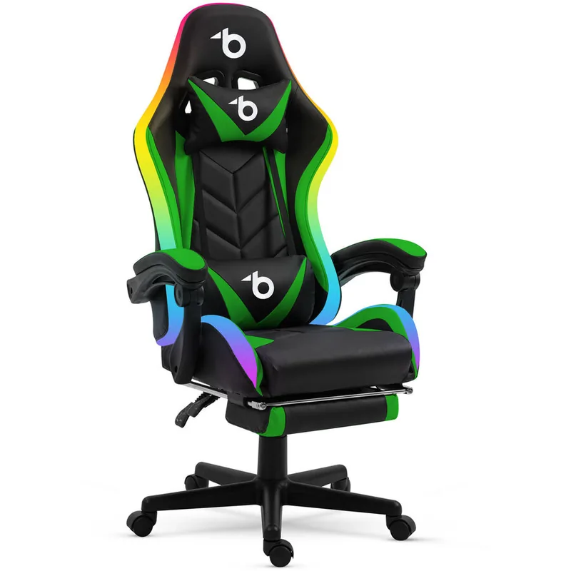Scaun Gaming RGB LED cu Cotiere Perna Negru si Verde