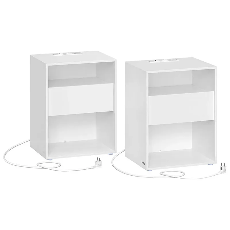 Set 2 Noptiere Brius 45x35x58cm cu USB si Prize Sertar Rafturi Alb Mat