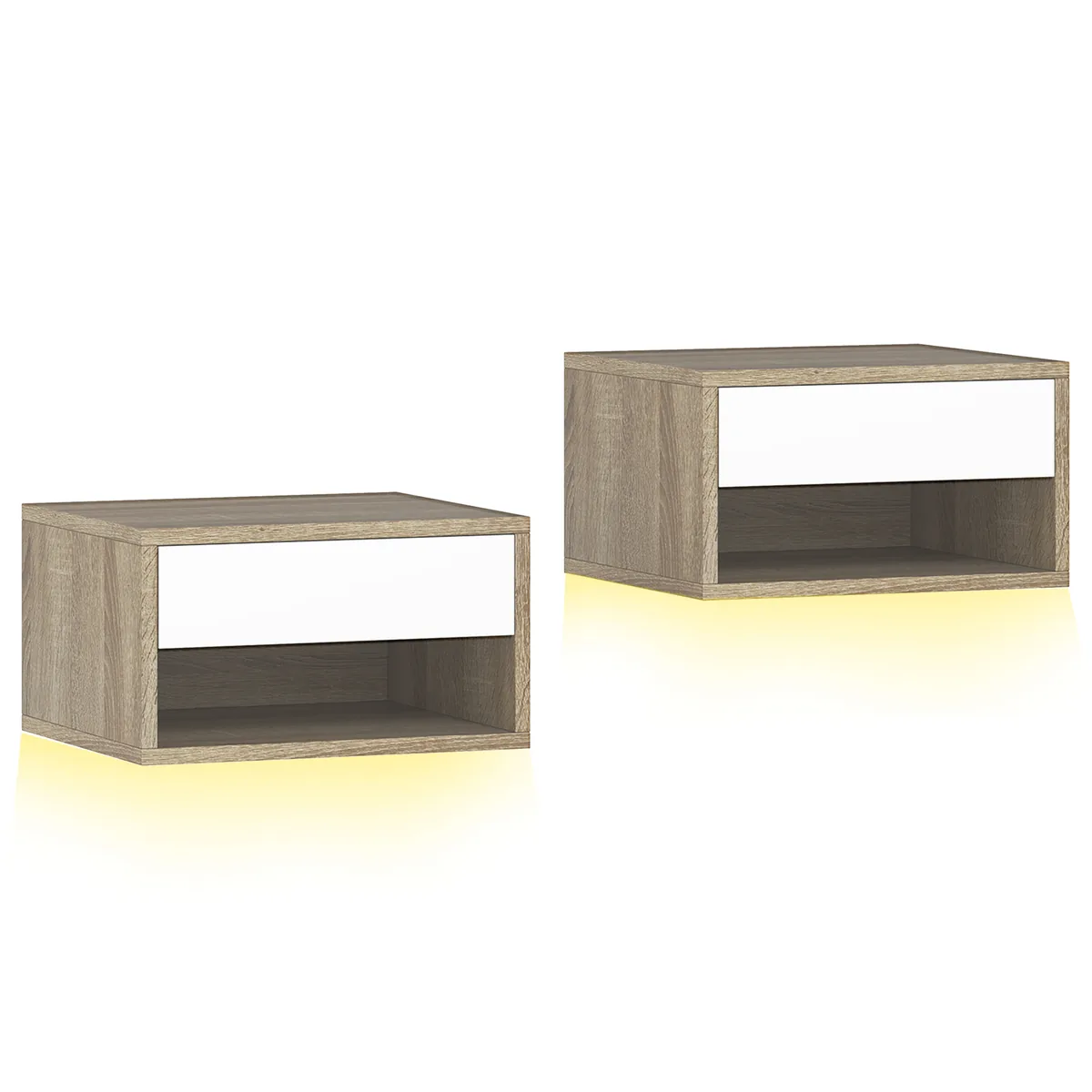 Set 2 Noptiere HOMCOM Suspendate LED RGB 37x32x21cm Alb Imitatie Lemn