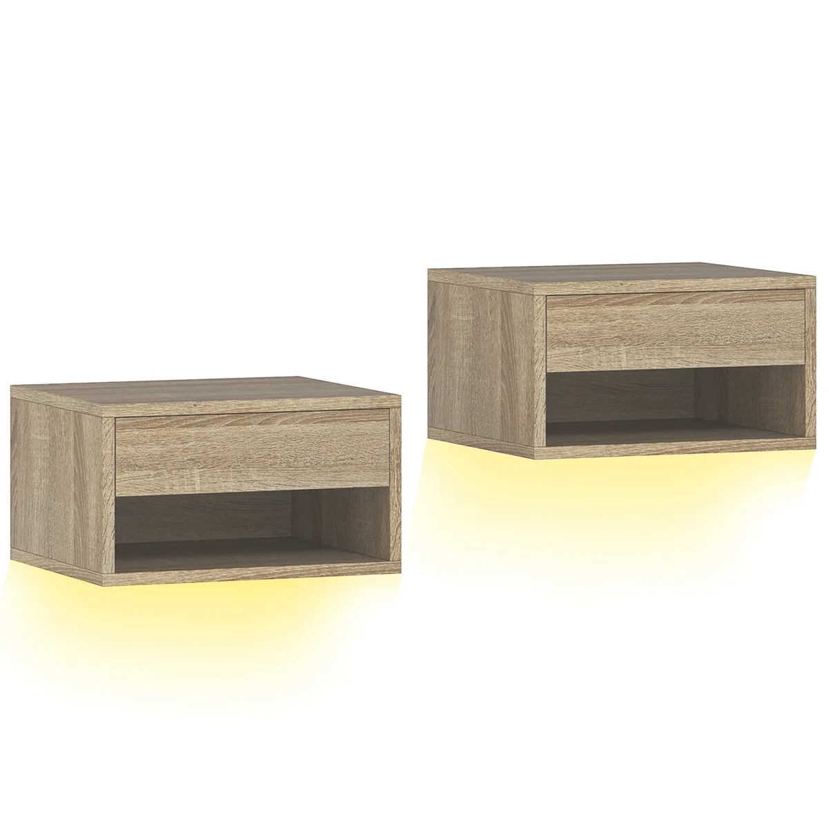 Set 2 Noptiere Suspendate HOMCOM LED Aplicatie Sertar Raft 37x32x21cm Lemn