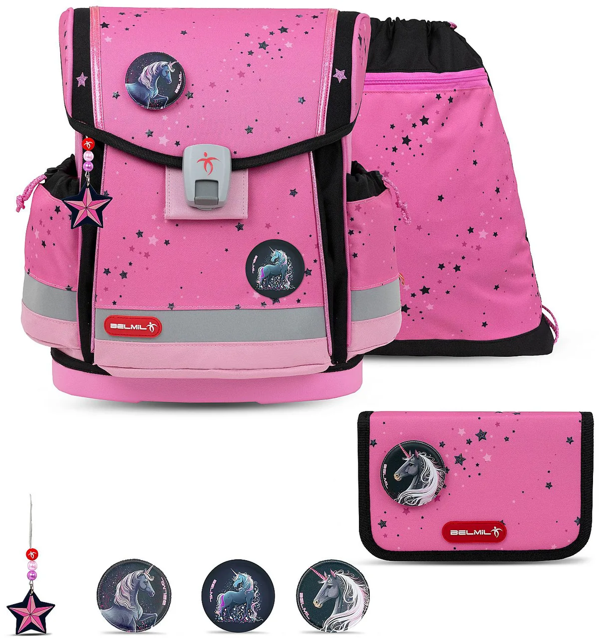 Set Școlar Belmil Pink Black Ghiozdan Penar Sac 3 Insigne