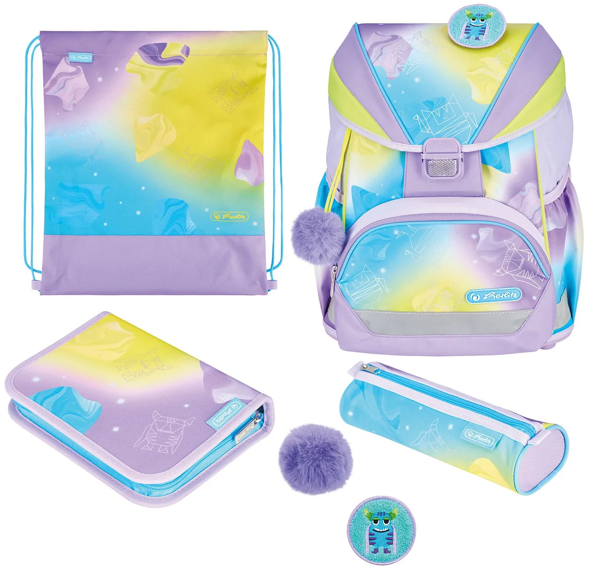 Set Școlar Herlitz UltraLight XL Plus Little Monster Ghiozdan 2 Penare Săculeț