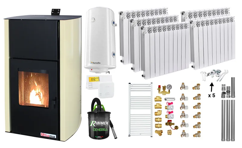 Set Termosemineu Fornello Fiama Confort 30kW cu Radiatoare Boiler si Accesorii Crem