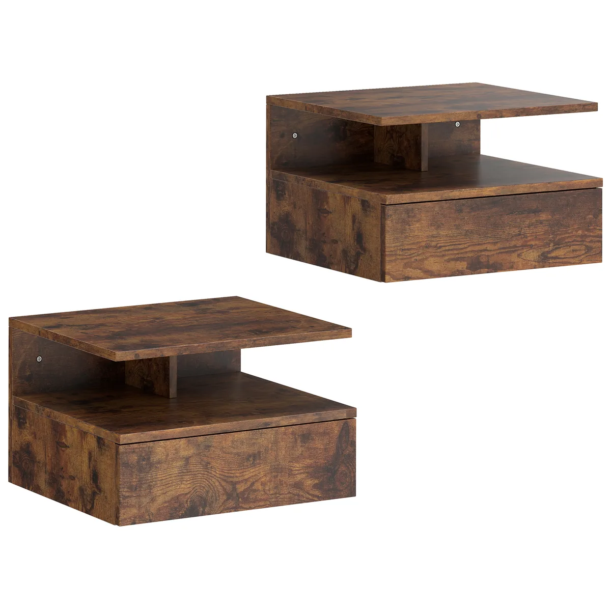 Set de 2 Noptiere Suspendate HOMCOM cu Sertar și Raft Deschis 35x32x22.5 cm Maro Rustic