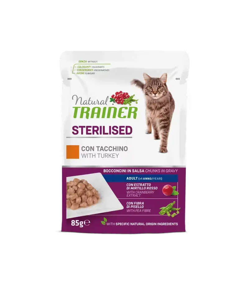 Hrana Umeda pentru Pisici Natural Trainer Curcan in Sos 85g Sterilizate